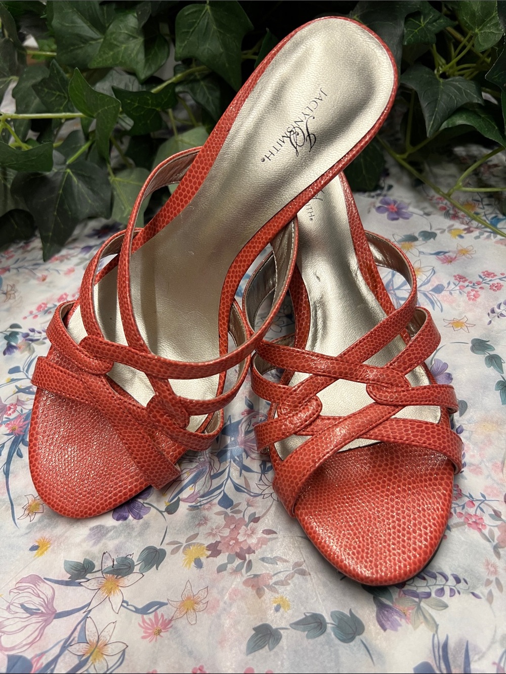 NWT-Jaclyn Smith Coral Red Strappy Heeled Sandals Size 7
